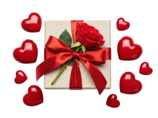 Red rose gift box with hearts isolated on transparent background
