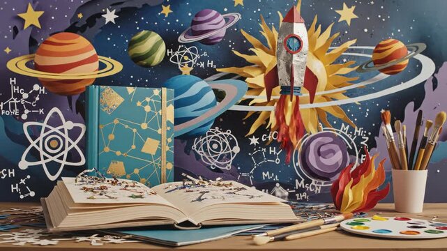 Vibrant illustration of a rocket ship, books, and art supplies against a colorful space background with planets and stars 4k video
