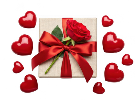 Red rose gift box with hearts isolated on transparent background - Powered by Adobe