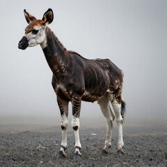 Naklejka premium Full-body portrait of a wild okapi with dark brown coat, white facial markings, long neck, and white leg stripes, standing on a barren, gravelly gray landscape