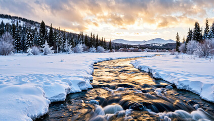 Frozen Stream Flowing Through Snowy Forest at Sunset