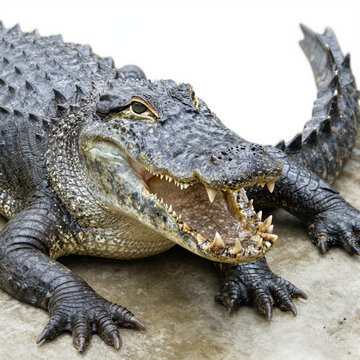 Detailed portrait of a wild American alligator with rough dark gray and olive scales and a partially open powerful jaw