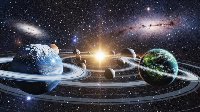 Planets and sun in our solar system with asteroids in space 4k video