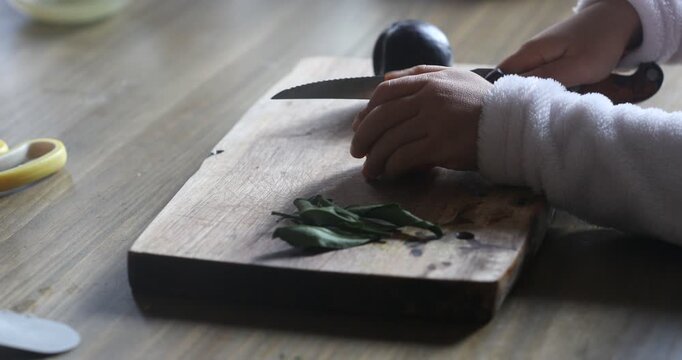 Close-up on a kid's hands practicing cutting skills in the kitchen. The child is using the knife upside down for safety. Childhood development idea.