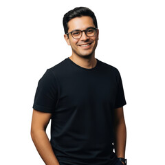 Obraz premium A smiling young man with glasses wearing a black t-shirt poses confidently for a studio portrait against a black background. isolated on transparent background