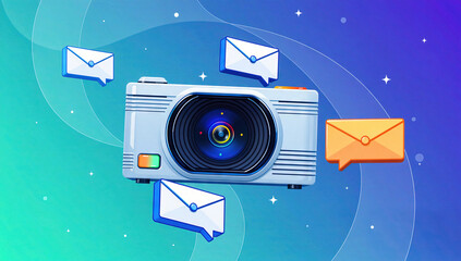 Camera Lens with Envelopes in Vibrant Gradient Background