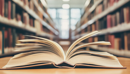 Fototapeta premium Open book rests on bright wooden table. Sunlight illuminates pages, creating warm glow. Blurred background of bookshelves suggests quiet