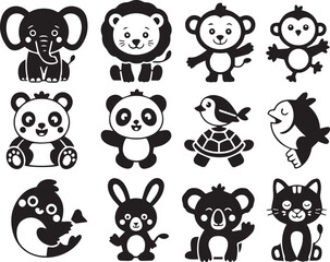 Obraz premium Set of cute animals in playful poses, isolated on a white background. Perfect for kids’ designs, stickers, books, apps, and educational or decorative projects.