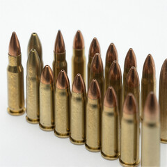 Assorted bullets with brass casings and copper tips arranged in a neat row on a white background