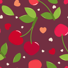 Cherry heart berry. Seamless pattern. Love.