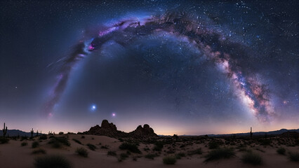 A breathtaking desert landscape at night with the milky way galaxy prominently displayed across a starry sky above rocky outcrops and sparse vegetation under a celestial canvas with night sky