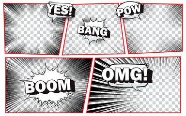 Cartoon book superhero scrapbook page template, graphic art frame vector layout template illustration.