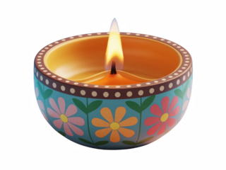 Brightly lit floral diya oil lamp burns brightly on transparent background