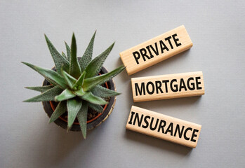 Private Mortgage Insurance symbol. Wooden blocks with words Private Mortgage Insurance. Beautiful grey background with succulent plant. Business concept. Copy space.