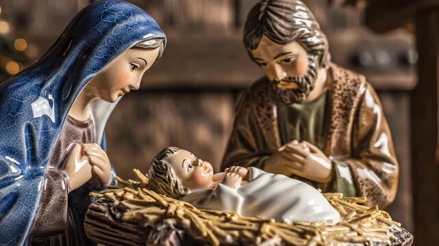 Nativity scene ceramic figurine of Mary, Joseph and baby Jesus. Christmas decor and Christian religious holiday tradition.