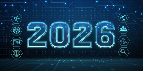 2026 Glowing Digital Numbers On Futuristic Technology Background, Abstract Innovation Concept For New Year, Business Forecast, Data, Artificial Intelligence, Fintech, Science, Web Design, Banner