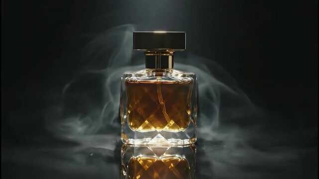 Luxury crystal perfume bottle on marble surface with red fabric and dark background