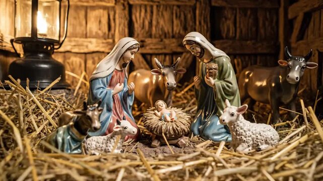 Nativity scene figures of woman, man, and baby Jesus in stable with animals, lit by lantern for Christmas celebration.