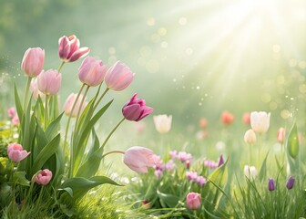 Beautiful pink tulips blooming in a sunny spring garden with magical light