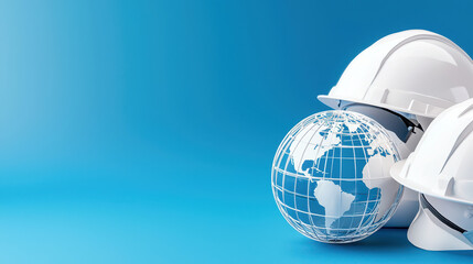 Safety helmets globe construction health environment protection teamwork industry safety standards blue background