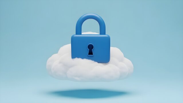 Cloud Security Concept with Blue Padlock on Cloud &ndash; Data Protection and Cybersecurity 3D Illustration with Copy Space, Generative AI