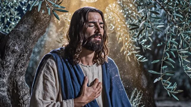 Man as Jesus Christ praying in Gethsemane under olive tree at night with light rays from heaven symbolizing divine revelation.
