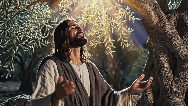 Jesus Christ praying in olive grove, looking up with clasped hands then open arms in spiritual worship and devotion.