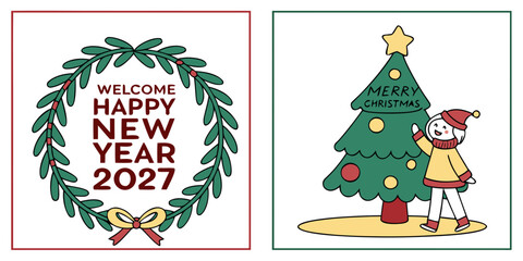 Fototapeta premium 2027 Holiday Greeting Card Vector – Green Wreath with Bow, Christmas Tree, and Winter Character in Festive Dual Panel Design