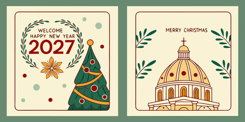 Fototapeta premium 2027 Holiday Greeting Card Vector – Christmas Tree in Wreath, Gold Flower, Domed Building, and Festive Typography in Dual Panel Design
