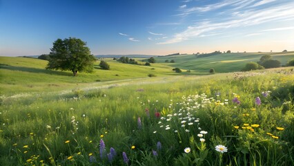 Beautiful sunny day over rolling green hills dotted with colorful wildflowers and a solitary tree