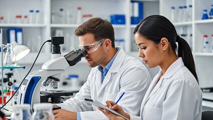 Scientists in lab coats working together with microscope and clipboard in laboratory setting with equipment and storage shelves in background with research and collaboration with science