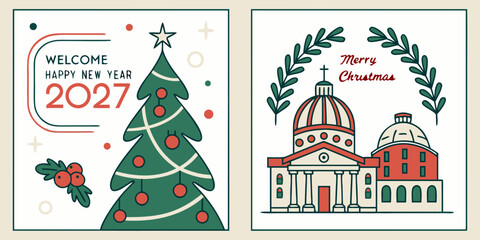 Obraz premium 2027 Holiday Greeting Card Vector – Christmas Tree, Holly Sprig, Domed Cathedral, and Laurel Wreath Typography in Dual Panel Design