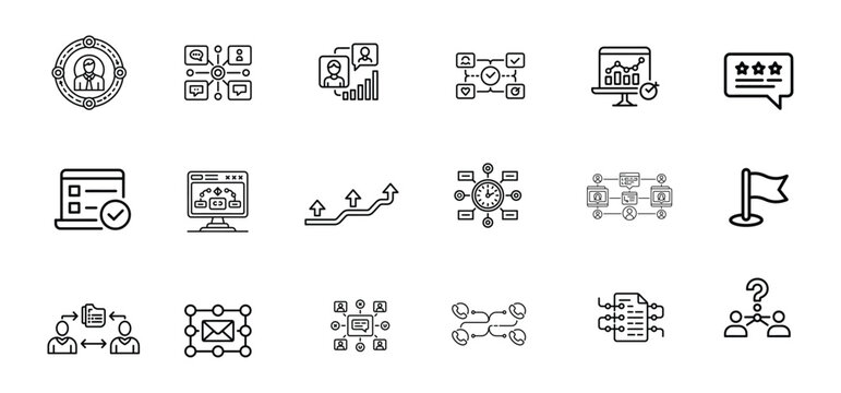 Business Workflow and Process Line Icons Set - Management, Strategy, Communication and Analytics Symbols, SEO, Analytics, QR Code, Web Strategy, Growth Network Line Vector Pack
