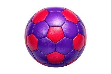 Purple and red soccer ball with traditional pentagonal and hexagonal panels, sports equipment, transparent background