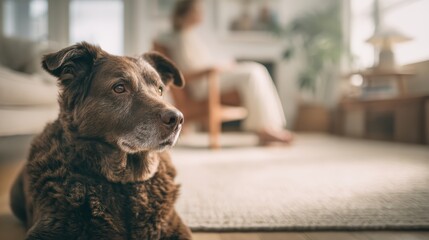 adopter holds rescue dog in sunny living room corner copy space right