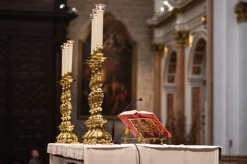  Holy Scripture Bible on the lectern in  cathedral la Seu in VALENCIA, SPAIN