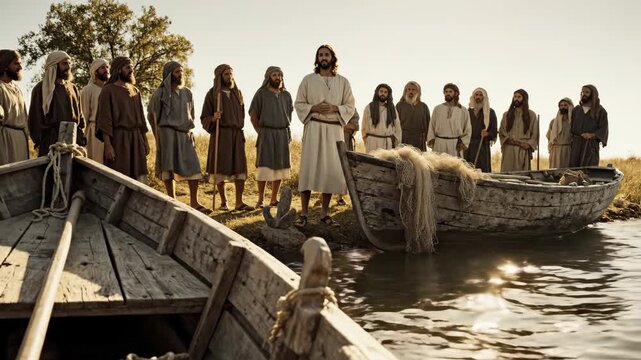 Jesus Christ teaching by the water with men listening to his words. Spiritual guidance and religious gathering.