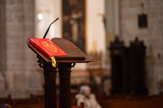  Holy Scripture Bible on the lectern in  cathedral la Seu in VALENCIA, SPAIN