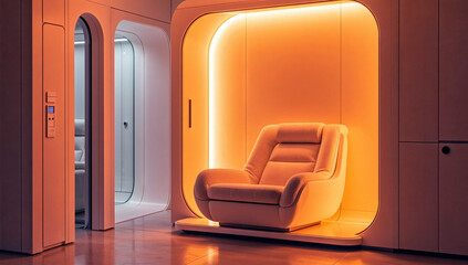 Futuristic Orange Pod Chair in Minimalist Room Interior