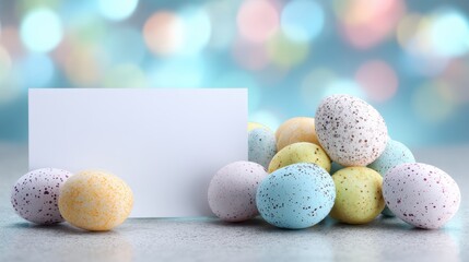 Blank card with speckled egg and ribbon for birthday gift idea