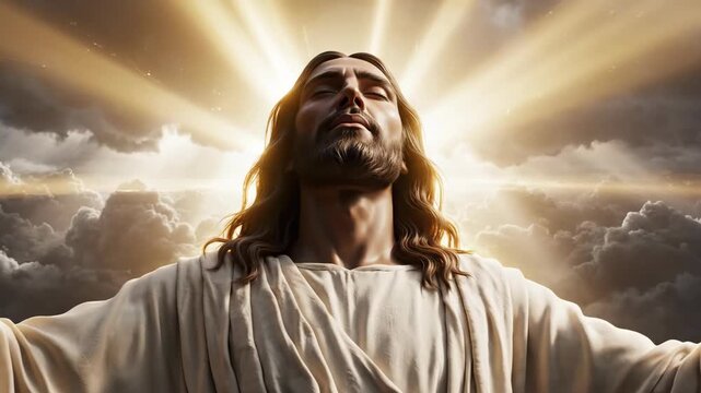 Jesus Christ with arms outstretched looking up to heaven, with light rays piercing through clouds, symbolizing spiritual ascension
