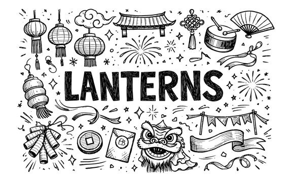 Doodle illustration of Chinese New Year elements with the word lanterns in bold