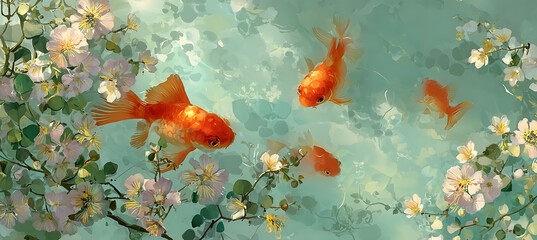 Serene goldfish swim beneath blossoming branches in a peaceful aquatic scene with vibrant orange fish and delicate flowers