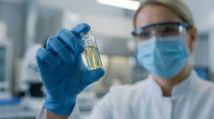 Scientist holding sample: A focused scientist, shielded by safety glasses and a mask, meticulously examines a vial of liquid sample in a laboratory setting.