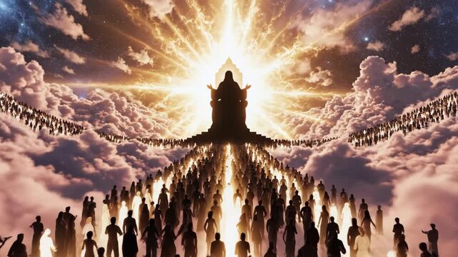 Jesus Christ sitting on a throne in heaven, surrounded by a multitude of souls, illustrating a religious ascension or judgment scene