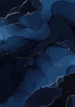 Deep blue alcohol ink waves with silver metallic edges create a dark fluid marble texture