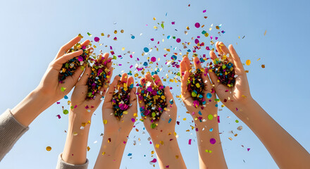 Group of people raising hands and throwing bright colorful confe