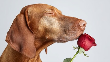 A brown dog smelling a red rose in a studio setting with a plain background