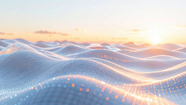 Abstract Wavy Landscape with Sunset and Glowing Lights - Powered by Adobe