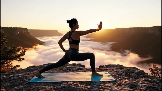 Illustration of woman practicing yoga on rocky cliffside during serene sunrise or sunset, 4k video